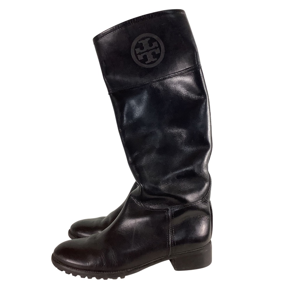 Tory Burch Black Leather Tall Riding Boots Logo A71B Womens 7.5M